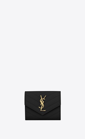SAINT LAURENT Monogram Matelassé レディース モノグラム コンパクト スリーフォールド ウォレット(ブラック/テクスチャードキルティングレザー) a_V4